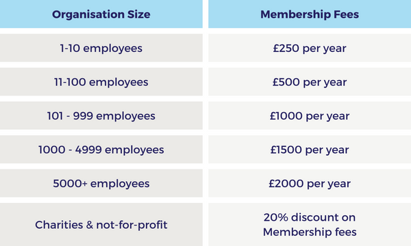 Table of membership fees for the employer Membership offered by Youth Employment UK.